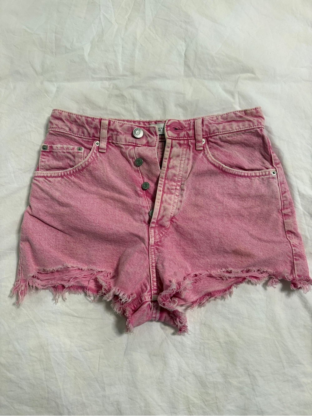 Zara Pink Distressed Button-Front Denim Shorts